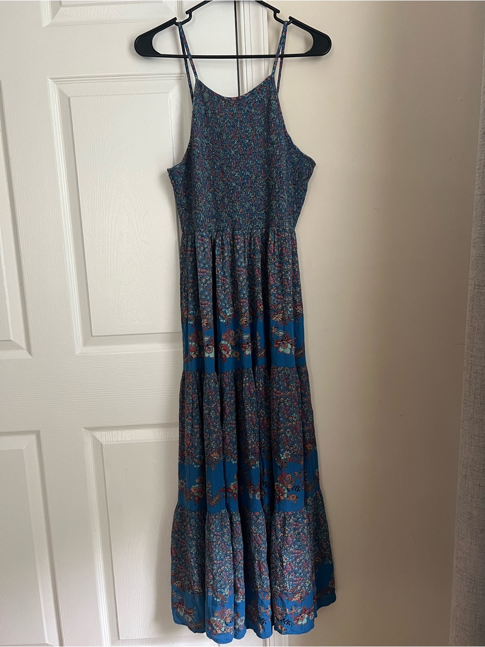 Angie Blue Multicolor Boho / Bohemian Sleeveless Smocked Tiered Maxi Dress Large